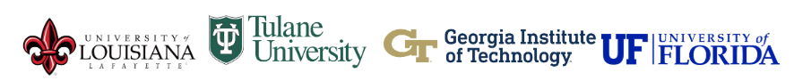 Logos of four universities: University of Louisiana Lafayette, Tulane University, Georgia Institute of Technology, and University of Florida.